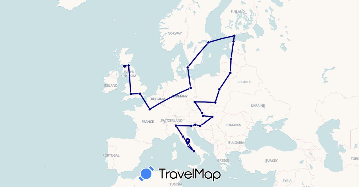 TravelMap itinerary: driving in Austria, Czech Republic, Germany, Denmark, Estonia, Finland, France, United Kingdom, Croatia, Hungary, Italy, Lithuania, Latvia, Poland, Sweden, Slovenia (Europe)